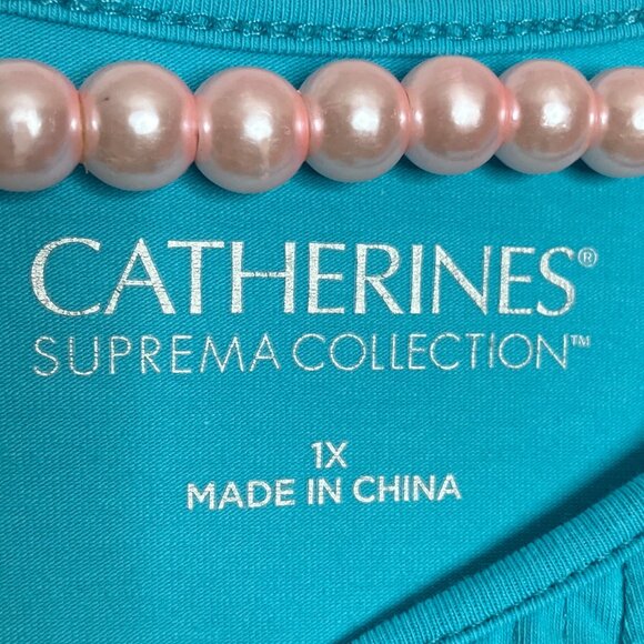 Catherines 1X 18/20W Aqua Blue Suprema Collection Stretch Cotton Pleat‎ Top Plus - Picture 4 of 5